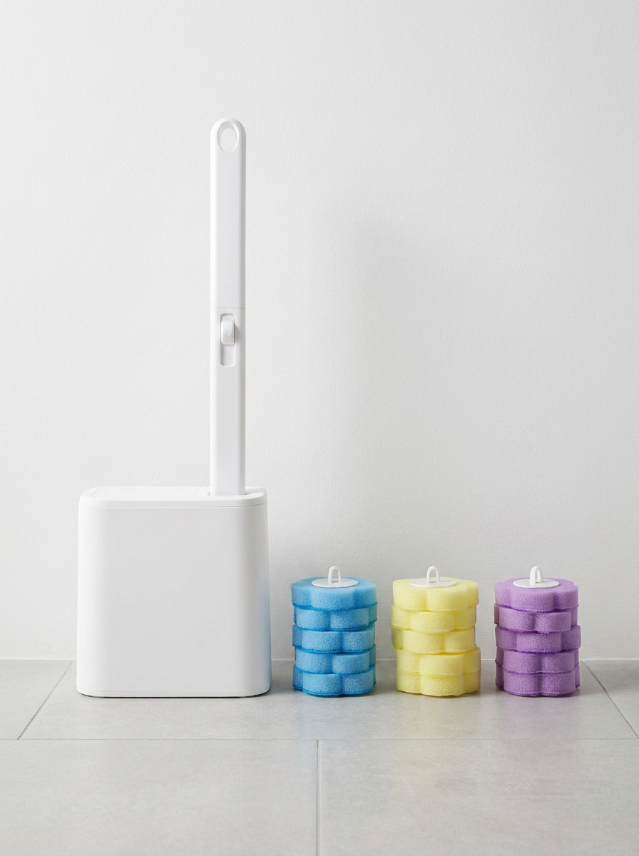 LekkerSkoon brush with blue, yellow and purple refill head stacks